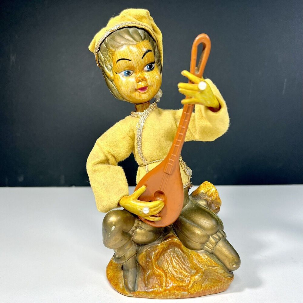 Vintage Christmas Pixie Asian Elf Figurine 7" Playing Guitar Gold Outfit Holiday